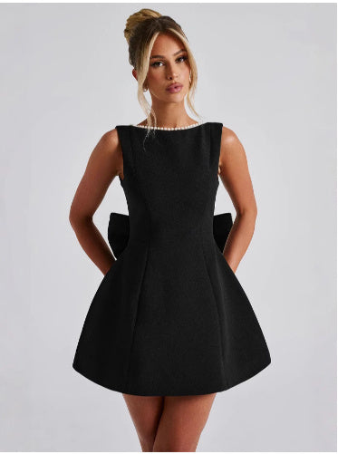 Priscella Elegant Cocktail Mini Dress For Spanish Women, Flared Silhouette With Pearl Accents, Effortless Sophistication