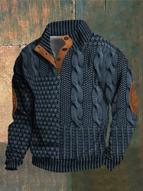 Men's Winter Sweater With Button Collar And Elbow Patches For Modern Warmth And Everyday Style
