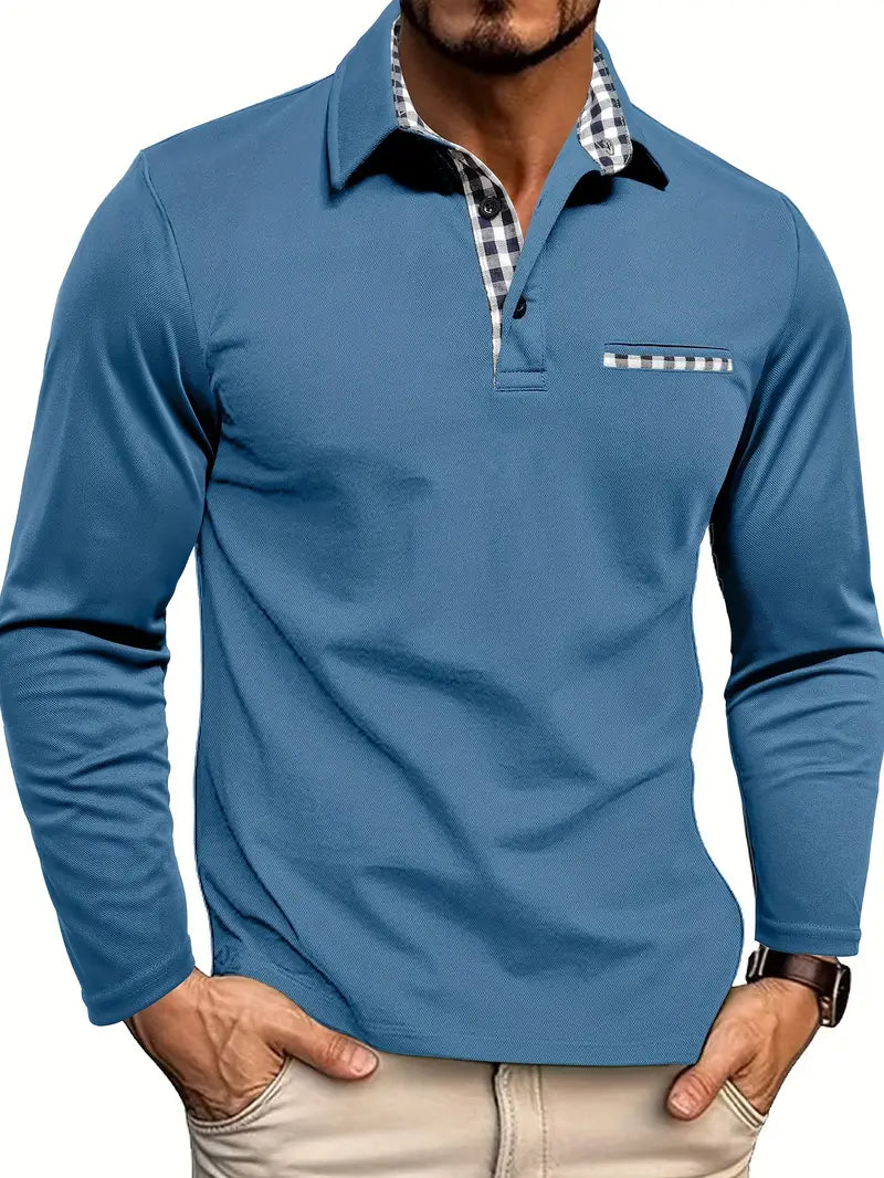 Jaxon Mens Long Sleeve Polo Shirt With Checkered Collar Trim And Soft Cotton Blend For Smart Casual Layering
