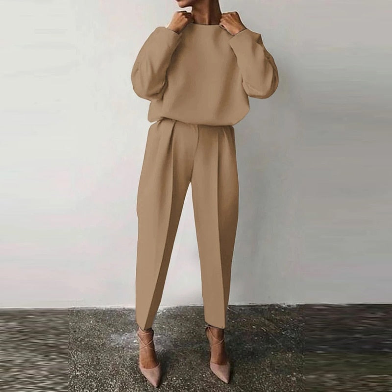 Women’s Two-Piece Suit Set – Relaxed Fit Top with Balloon Sleeves – High-Waisted Tapered Pants