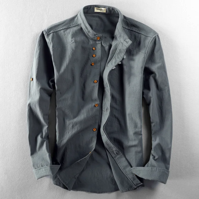 TrendAura Men Slim Fit Linen Mandarin Collar Shirt With Button Front Long Sleeve Hip Length For Casual Wear