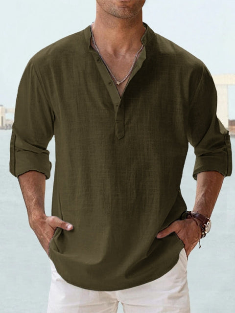 Hugo Linen Shirt for Men Mandarin Collar Casual Lightweight Long Sleeve Relaxed Fit Breathable Top