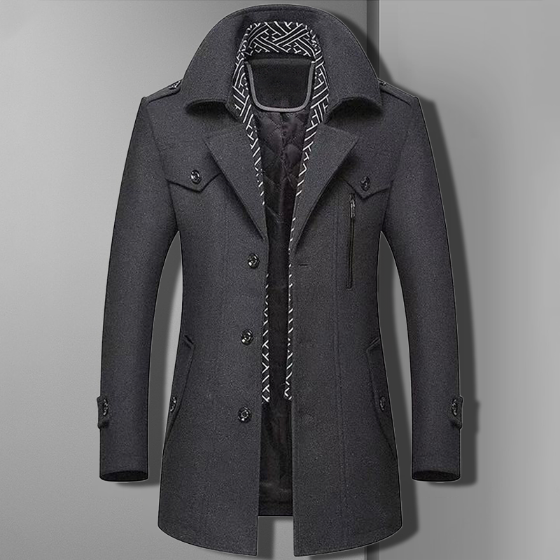 Patrick Men's Double Breasted Military Style Overcoat Brown Wool Blend With Structured Lines