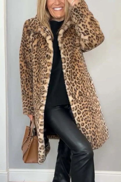 Leopard Print Faux Fur Coat Mid Length Soft Wool Feel Fabric With Spandex For Women Chic Cozy