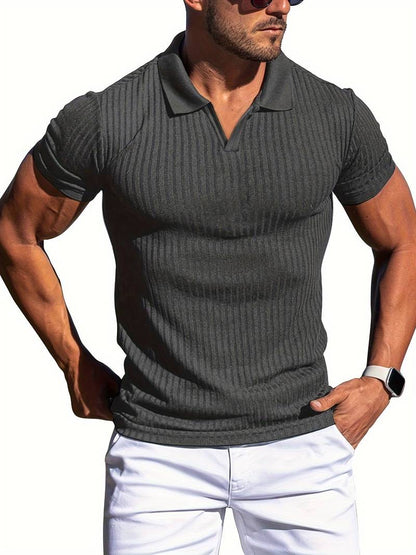 Mens Ribbed Knit Polo Shirt Slim Fit Short Sleeve Casual Stylish Comfortable Everyday Wear