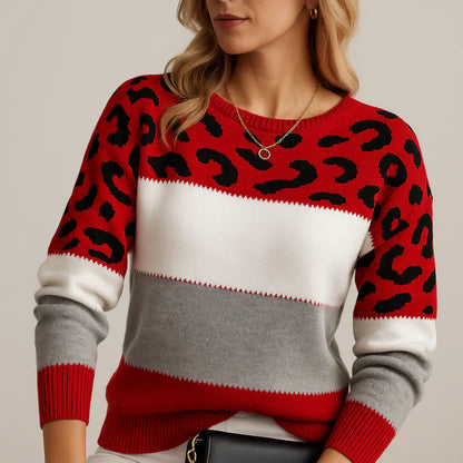 Striped sweater with leopard print and color blocks