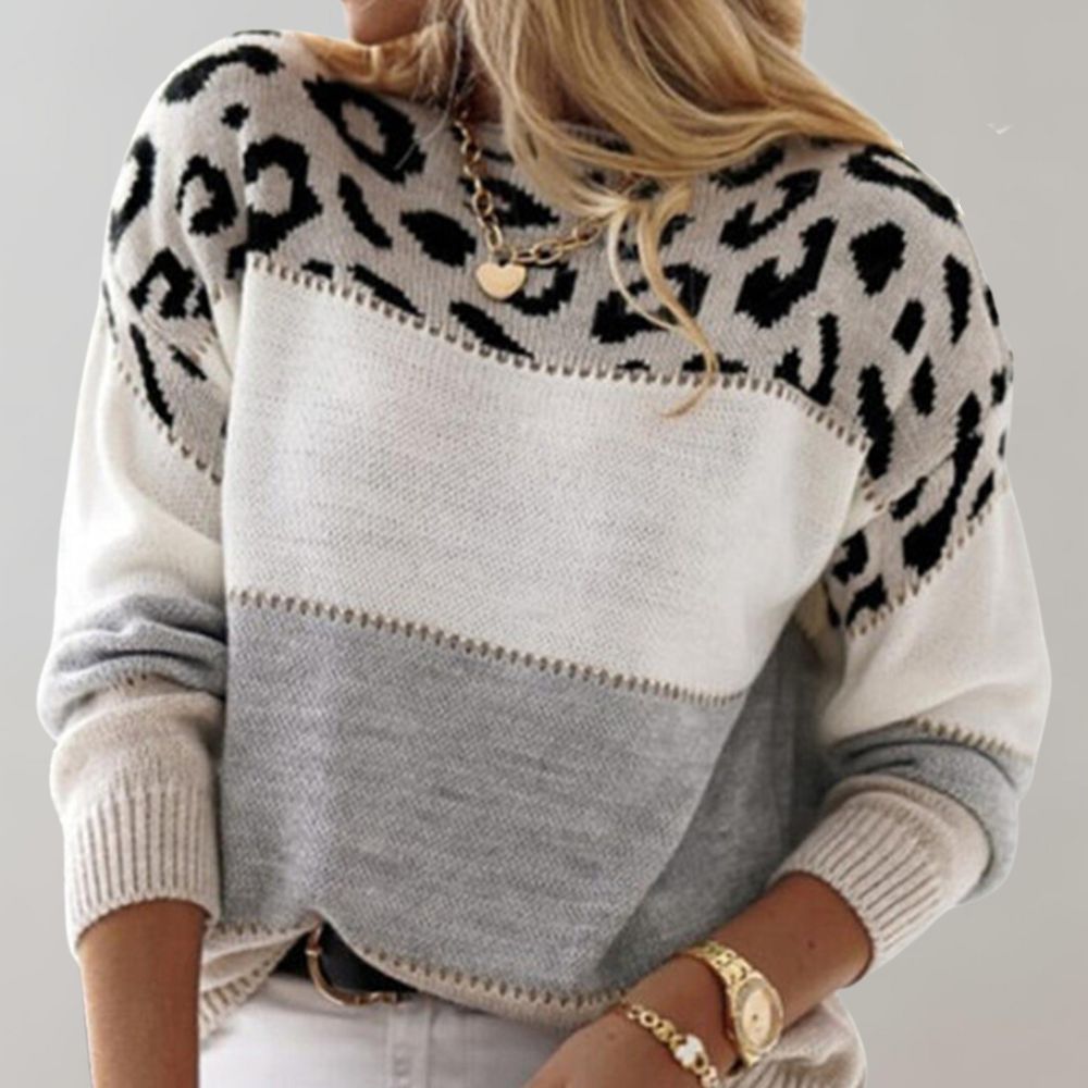 Striped sweater with leopard print and color blocks