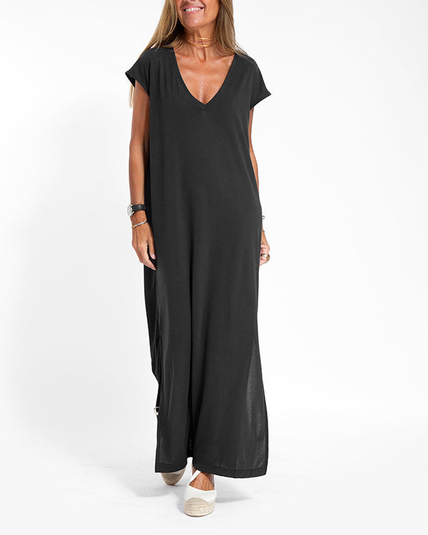 Women's V-Neck Short Sleeve Maxi Dress with Side Slit and Flowing Design