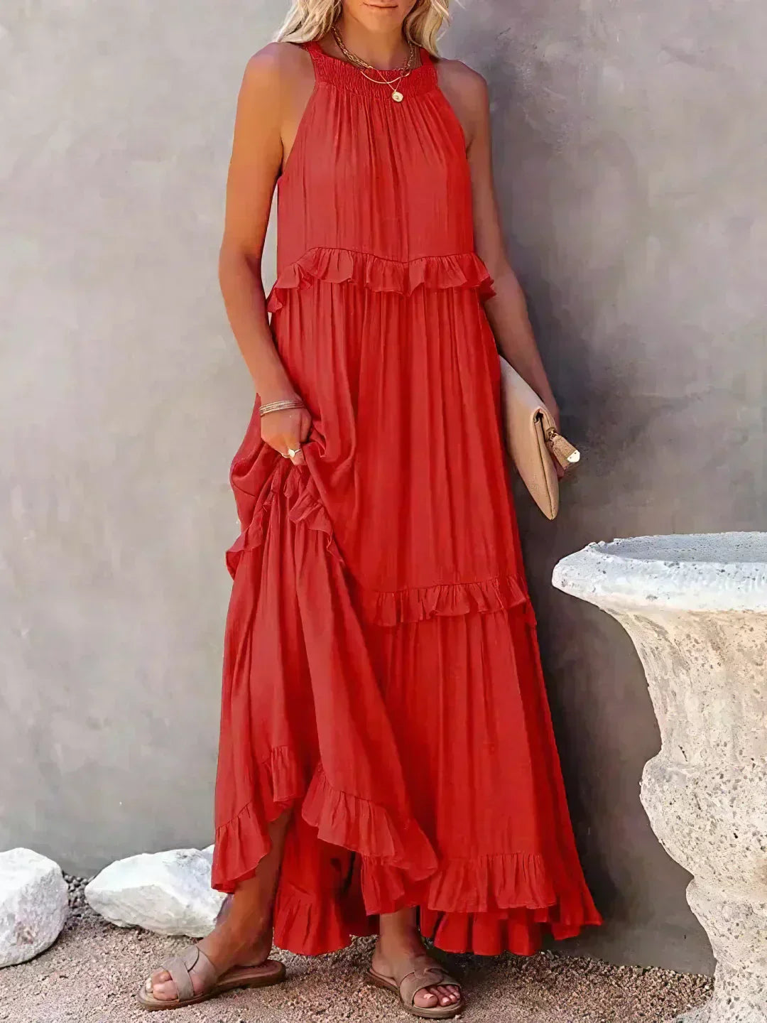 Women's Sleeveless Dress with Ruffles and Flowy Design