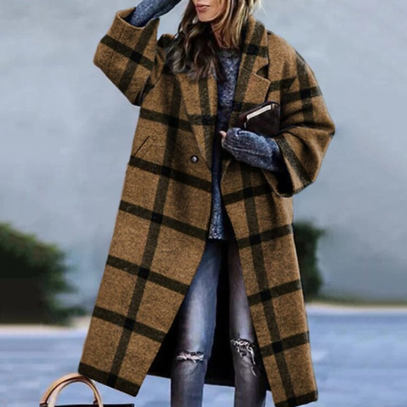 Women's Winter Long Coat | Checkered Pattern
