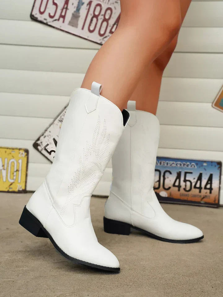 Women's Beige Cowboy Boots with Embroidery and Shine