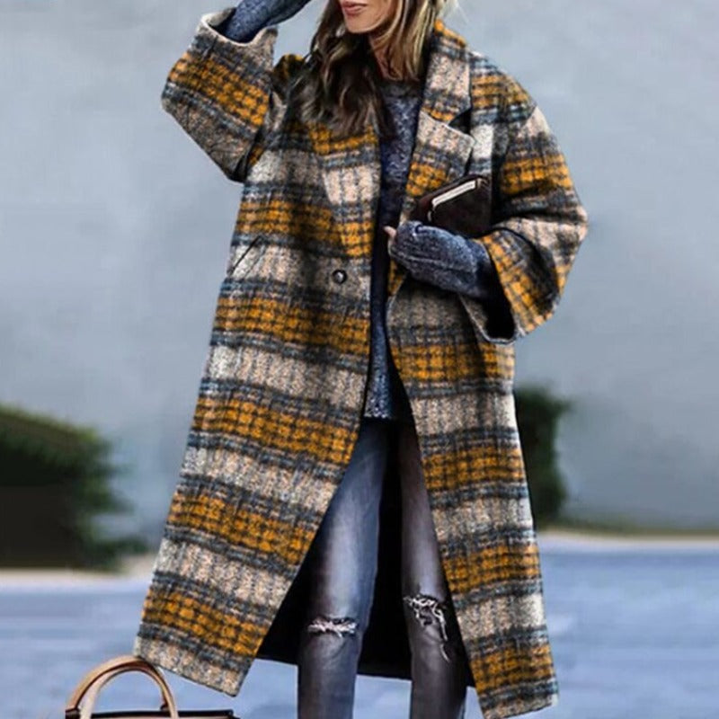 Women's Winter Long Coat | Checkered Pattern