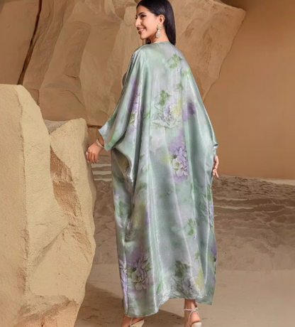 TrendAura Holiday Dress With Green Fruit Print And Airy Batwing Sleeves For Vacation