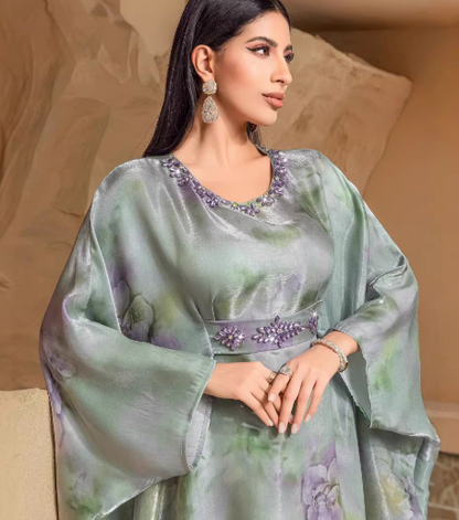 TrendAura Holiday Dress With Green Fruit Print And Airy Batwing Sleeves For Vacation