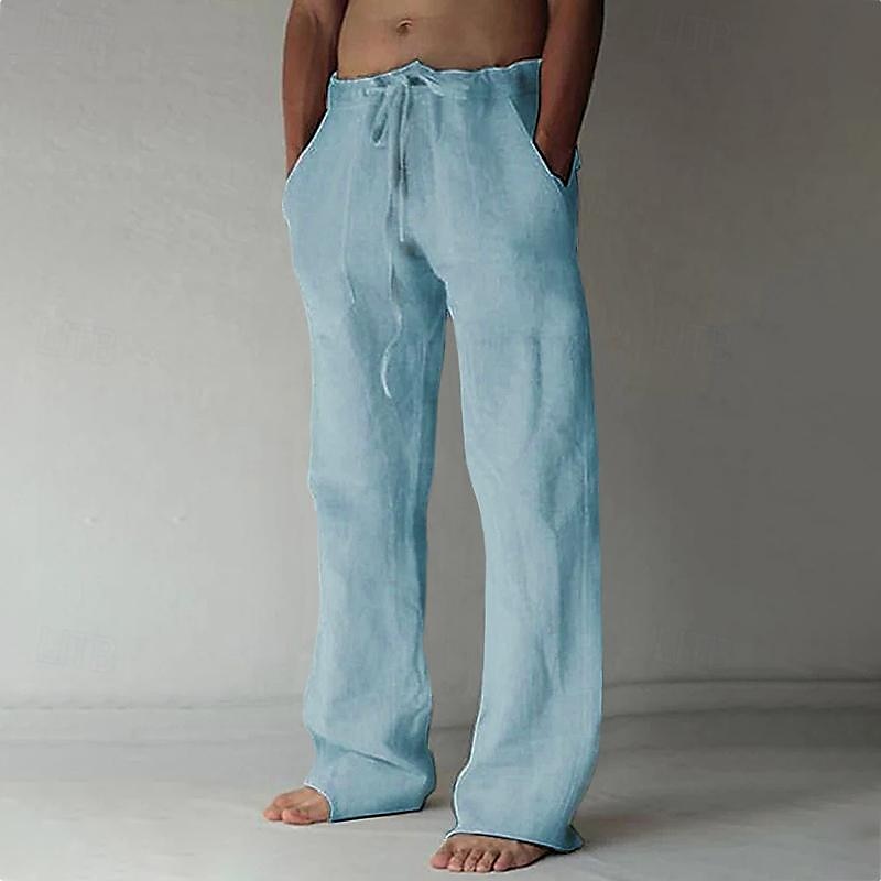Men's Linen Pants Breathable Lightweight Drawstring Waist Loose Fit Casual Look For Summer