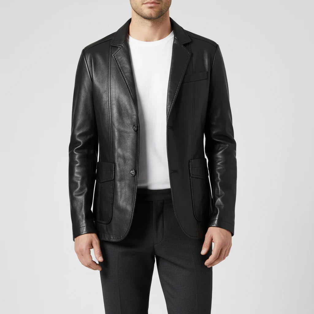 Men's Leather Blazer Style Jacket With Notch Lapel And Patch Pockets By TrendAura Online