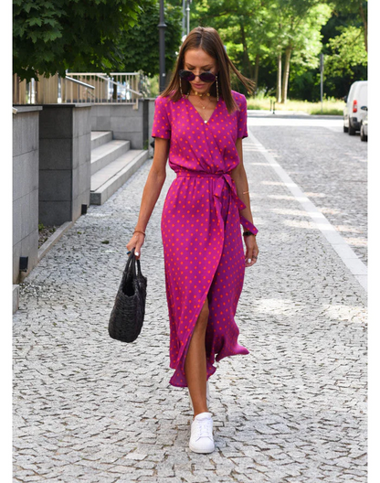 Women's Wrap Dress - Maxi Length - Short Sleeves - Adjustable Waist - Polka Dot Pattern