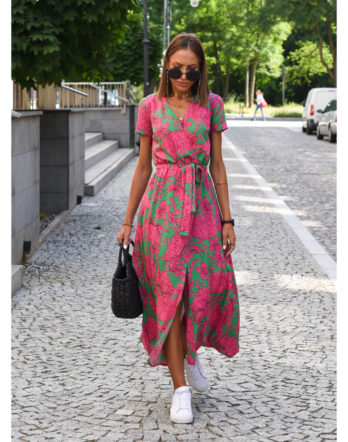 Women's Wrap Dress - Maxi Length - Short Sleeves - Adjustable Waist - Polka Dot Pattern