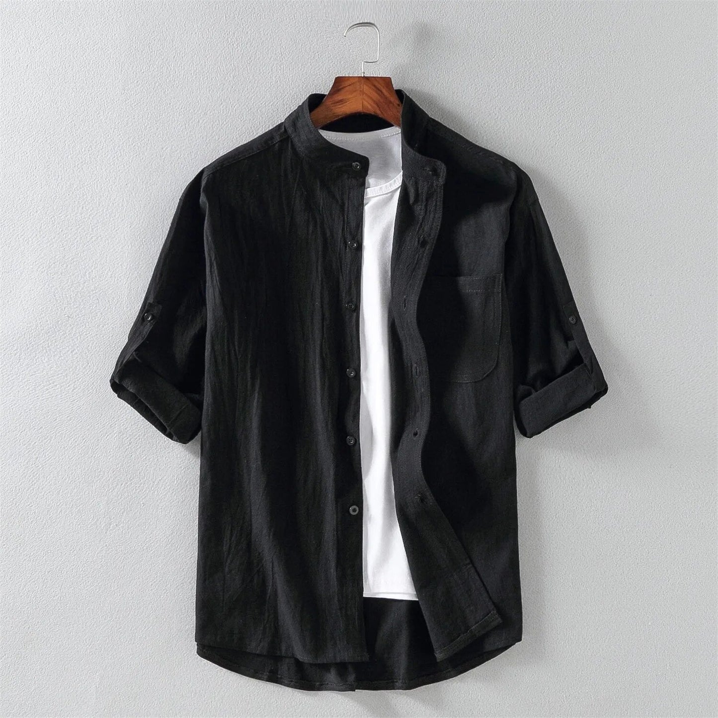 TrendAura Nordic Flair Mens Shirt Lightweight Fabric Mandarin Collar Long Sleeve Button Closure With Chest Pocket