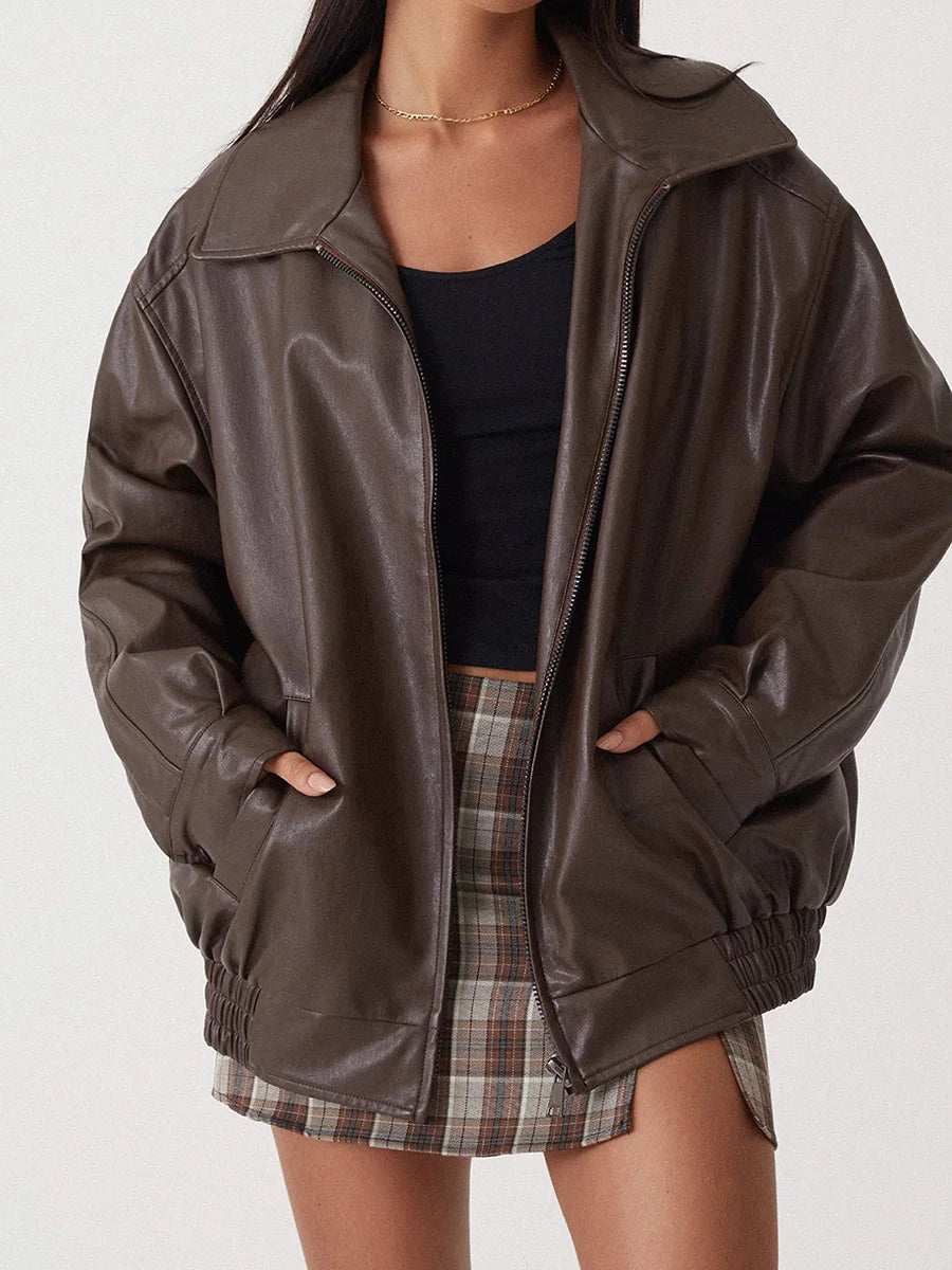 Women's Oversized Leather Bomber Jacket with Zipper Front