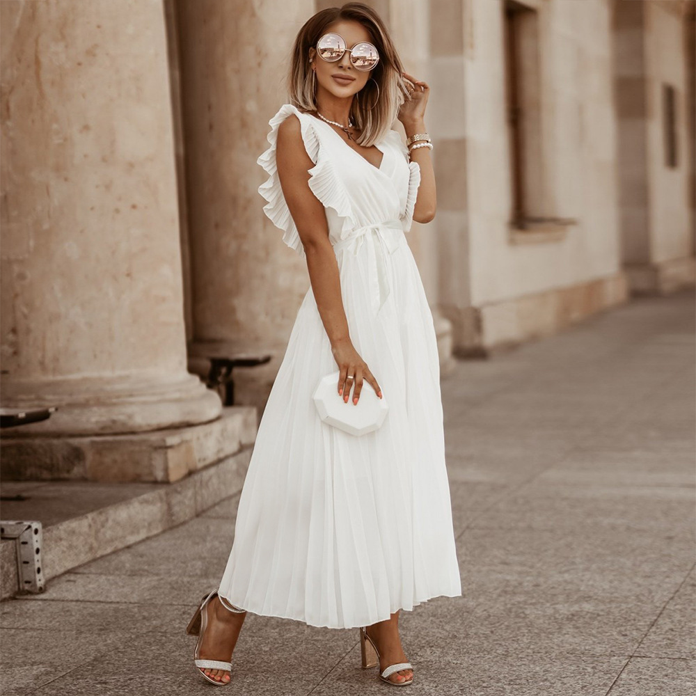 Women's Maxi Dress - Sleeveless V-Neck - Pleated Ruffle Shoulder - Elegant Ankle-Length