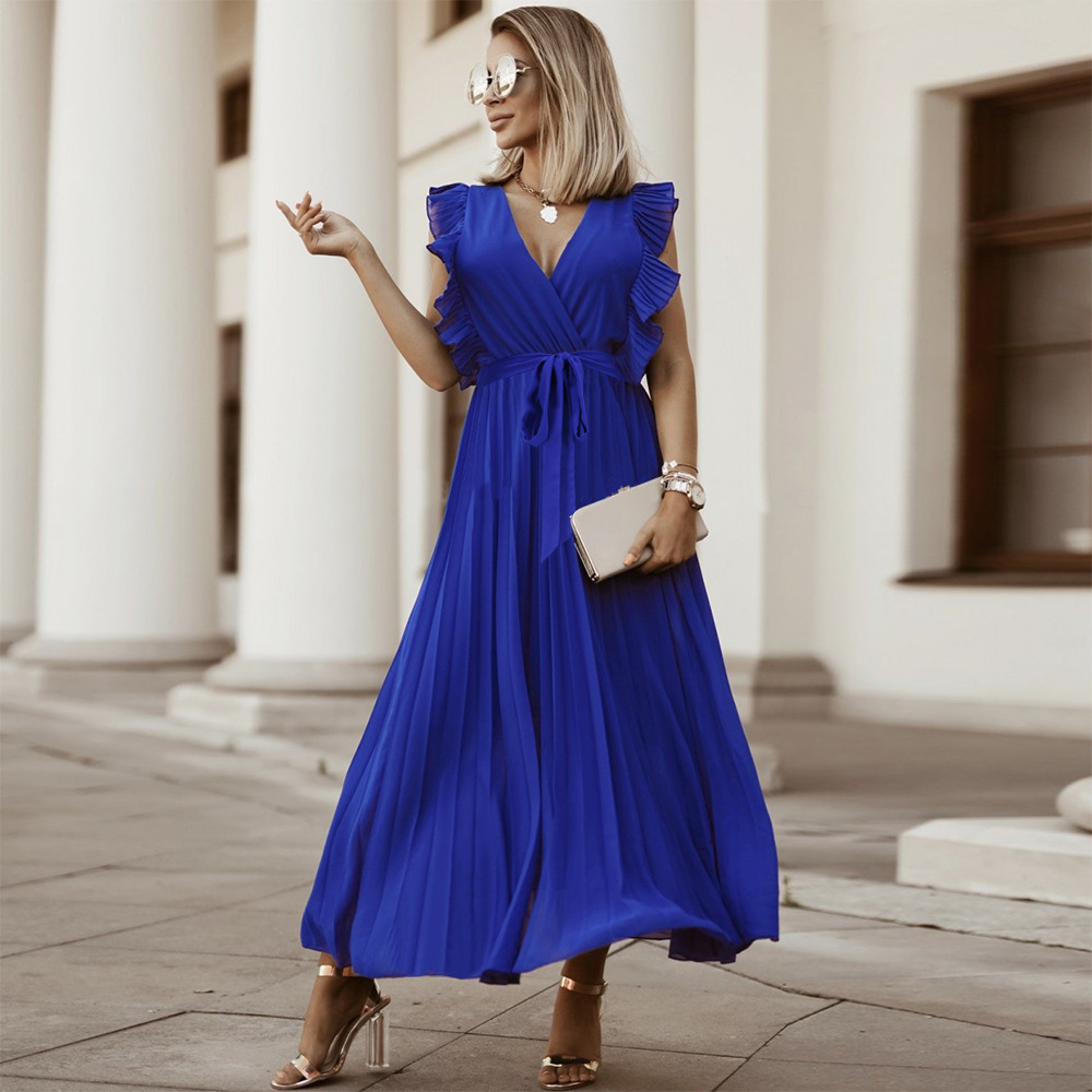 Women's Maxi Dress - Sleeveless V-Neck - Pleated Ruffle Shoulder - Elegant Ankle-Length