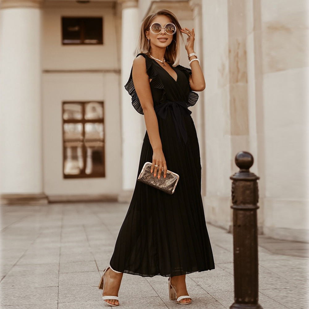 Women's Maxi Dress - Sleeveless V-Neck - Pleated Ruffle Shoulder - Elegant Ankle-Length