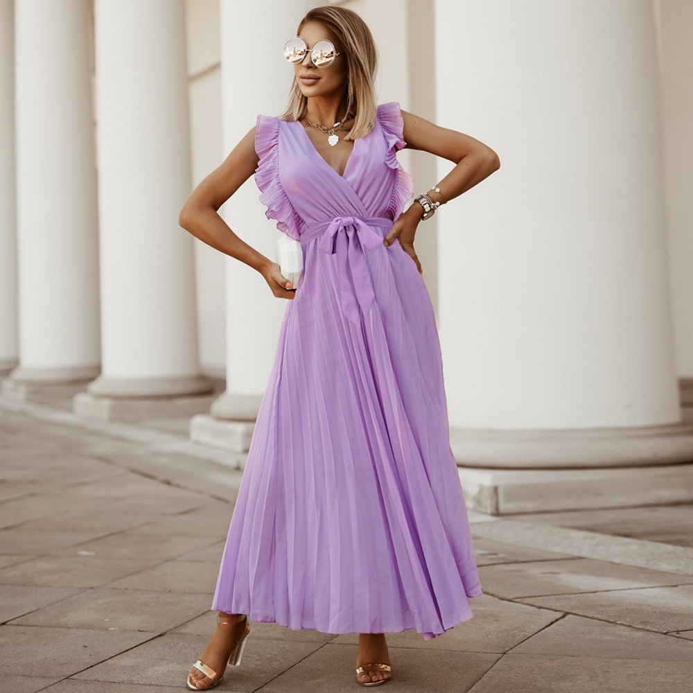 Women's Maxi Dress - Sleeveless V-Neck - Pleated Ruffle Shoulder - Elegant Ankle-Length