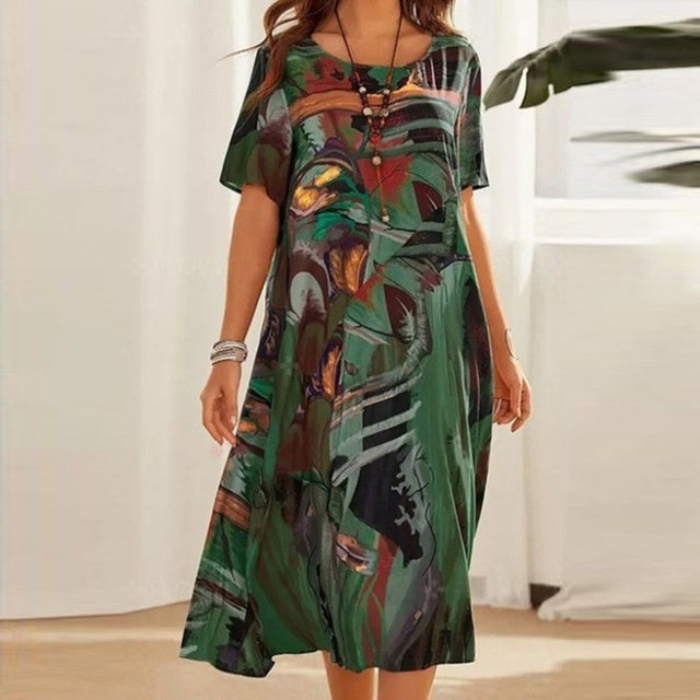 Women’s Midi Dress – Relaxed Fit – Abstract Print – Short Sleeve – Cotton Blend