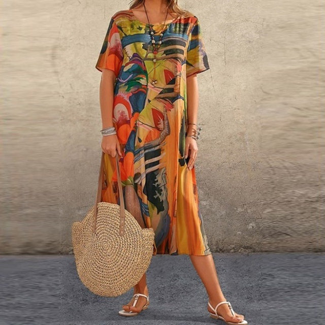 Women’s Midi Dress – Relaxed Fit – Abstract Print – Short Sleeve – Cotton Blend