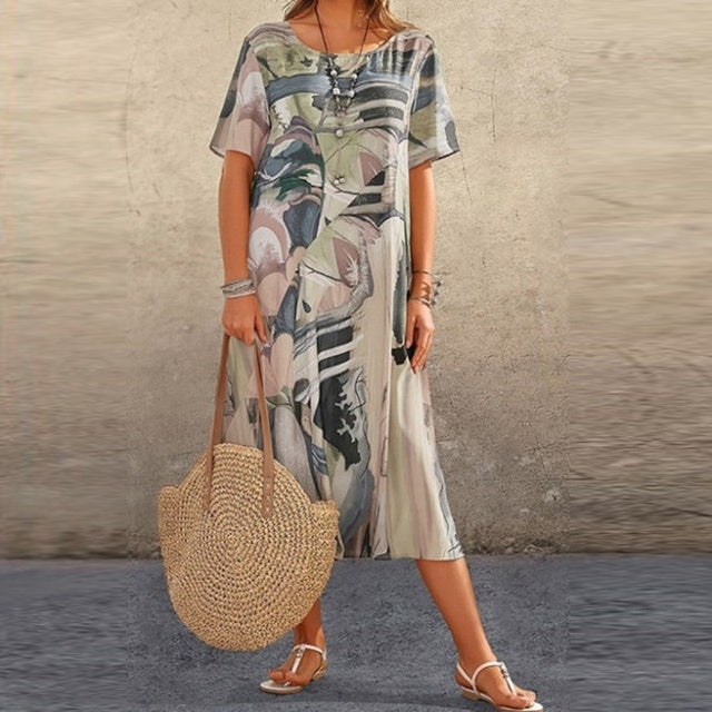 Women’s Midi Dress – Relaxed Fit – Abstract Print – Short Sleeve – Cotton Blend