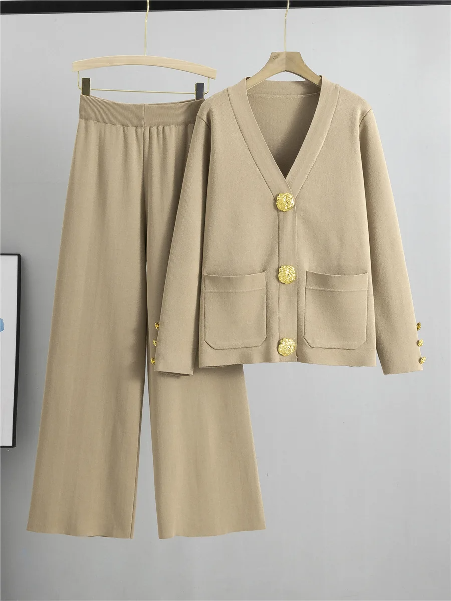 TrendAura Lea Knit Set With Gold Details V Neck Cardigan And Fluid Wide Leg Pants For Office And Weekend Glam