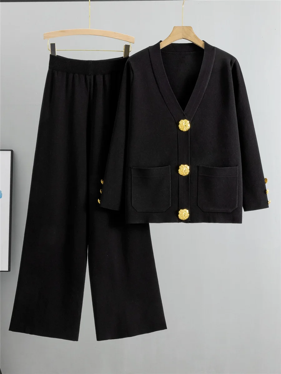 TrendAura Lea Knit Set With Gold Details V Neck Cardigan And Fluid Wide Leg Pants For Office And Weekend Glam
