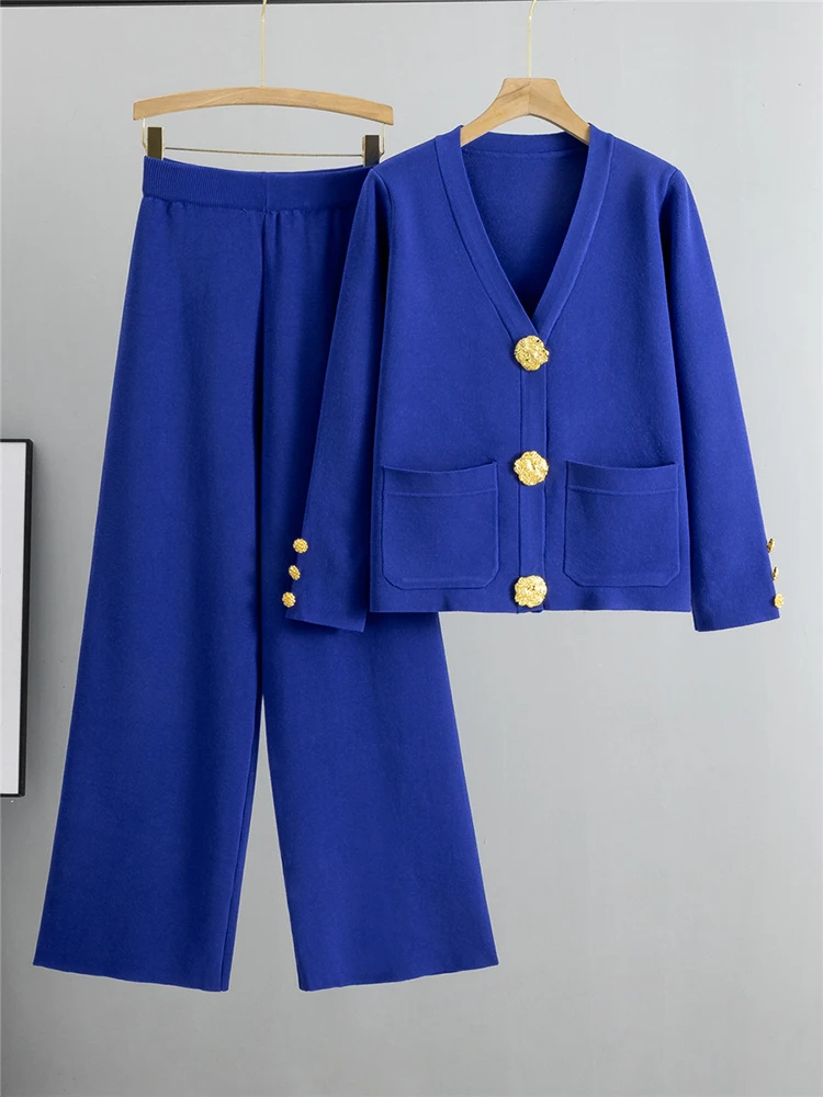 TrendAura Lea Knit Set With Gold Details V Neck Cardigan And Fluid Wide Leg Pants For Office And Weekend Glam