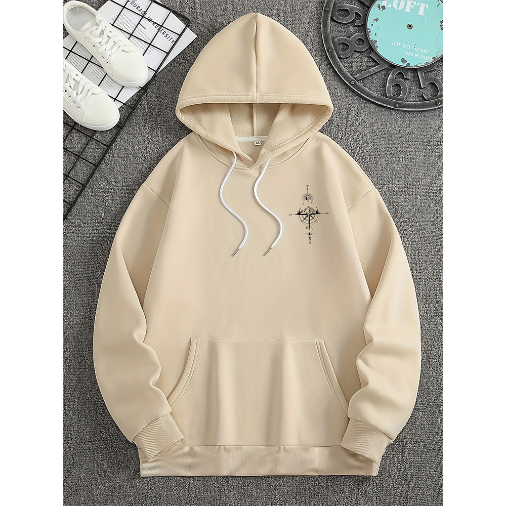 Mens Hoodie Regular Fit Soft Cotton Compass Print Drawstring Hood Kangaroo Pocket Nordisk Flair