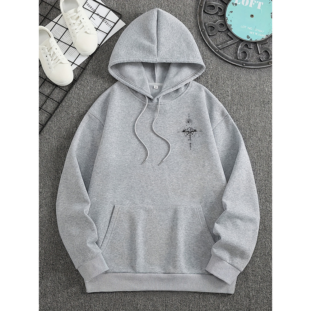 Mens Hoodie Regular Fit Soft Cotton Compass Print Drawstring Hood Kangaroo Pocket Nordisk Flair