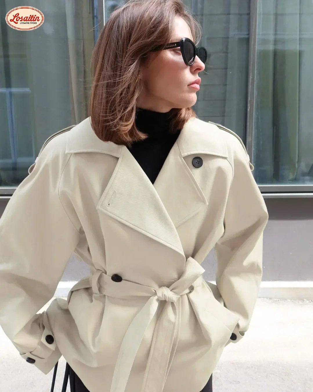 Women’s Cropped Trench Coat – Cotton Blend – Belted Waist – Single Breasted – Epaulettes
