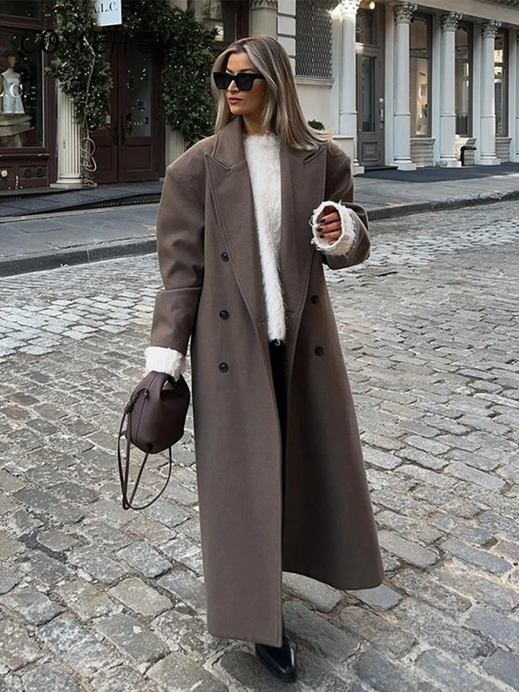Women’s Long Overcoat – Wool – Loose Fit – Double-Breasted – Structured Shoulders – Full Sleeve