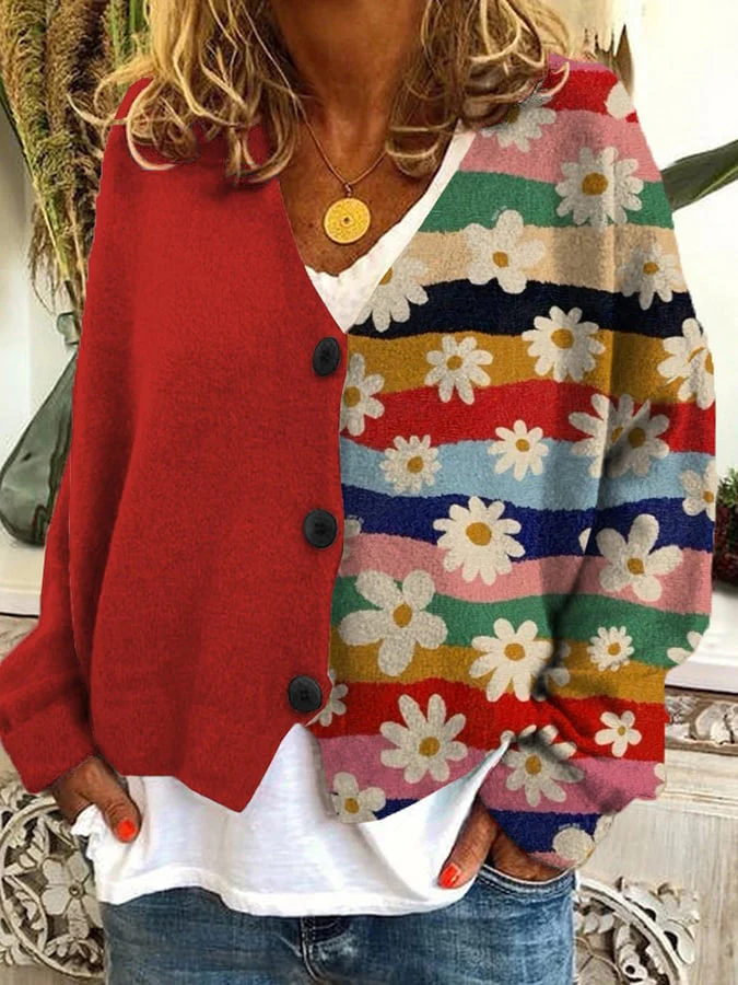 Women’s Cardigan – Relaxed Fit Knit – Patchwork Floral Detail – Button Front