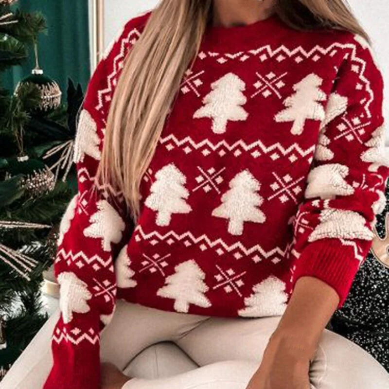 Women’s Sweater – Relaxed Fit – Wool Knit – Pine Tree Pattern – Ribbed Trim
