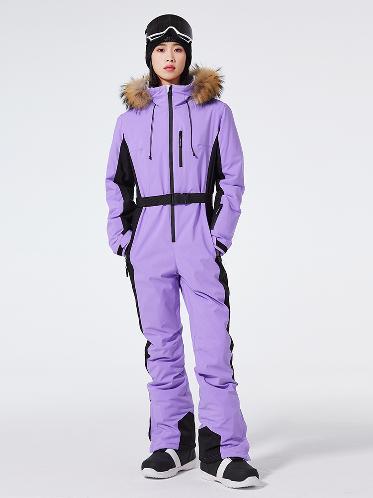Women’s One-Piece Ski Suit – Slim Fit – Windproof Waterproof – Hooded Belted Design