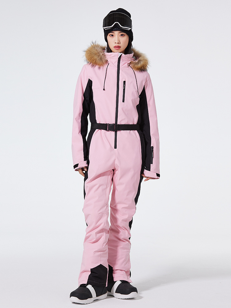Women’s One-Piece Ski Suit – Slim Fit – Windproof Waterproof – Hooded Belted Design
