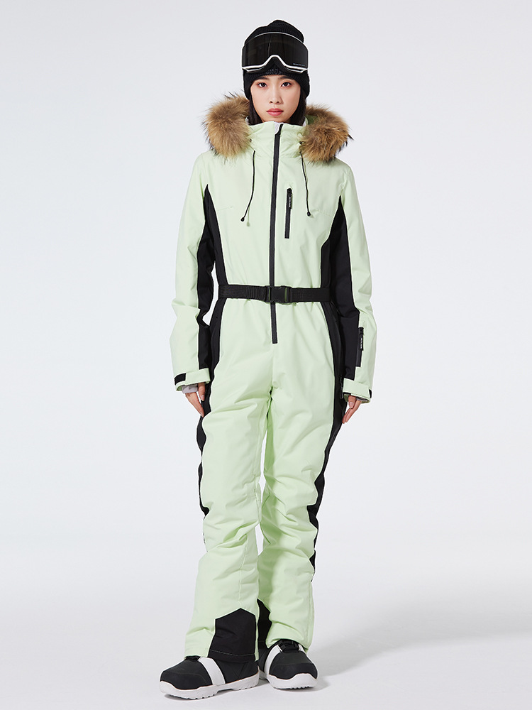 Women’s One-Piece Ski Suit – Slim Fit – Windproof Waterproof – Hooded Belted Design
