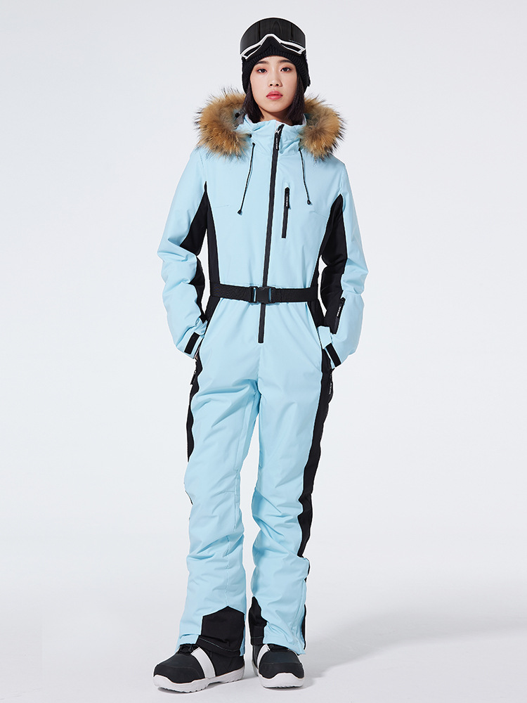 Women’s One-Piece Ski Suit – Slim Fit – Windproof Waterproof – Hooded Belted Design
