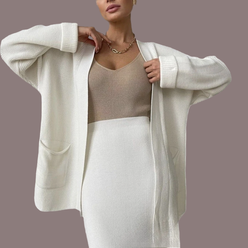 Women’s Two-Piece Set - Knit - Oversized Cardigan - High Waist Midi Skirt