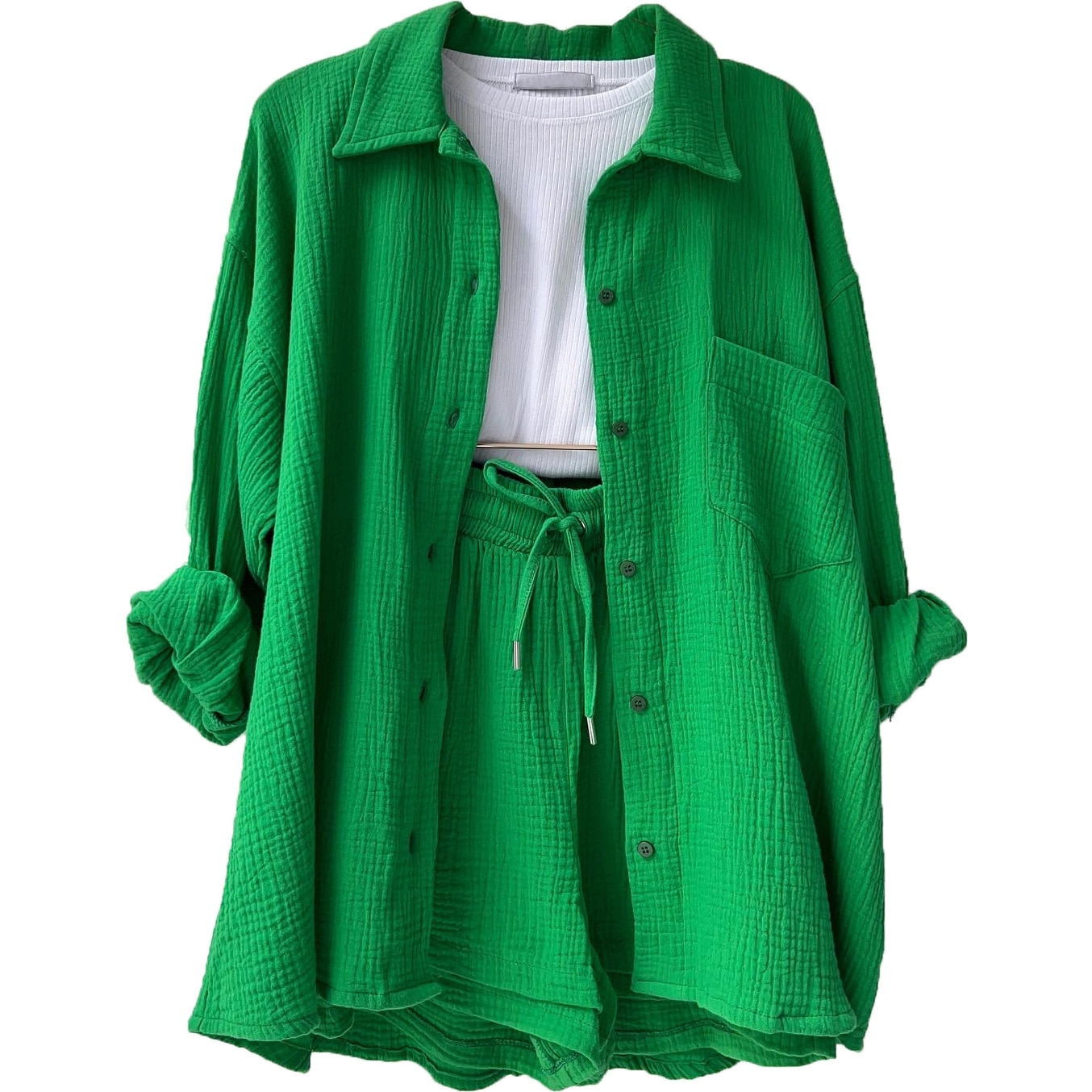 Women's Set - Lightweight Cotton - Button-Up Shirt & Elastic Waist Shorts