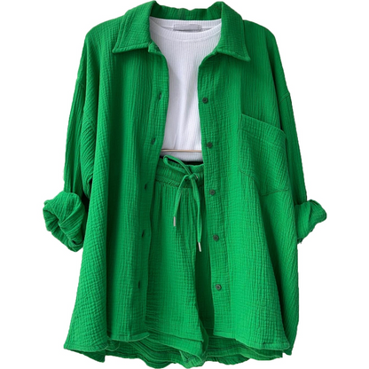 Women's Set - Lightweight Cotton - Button-Up Shirt & Elastic Waist Shorts