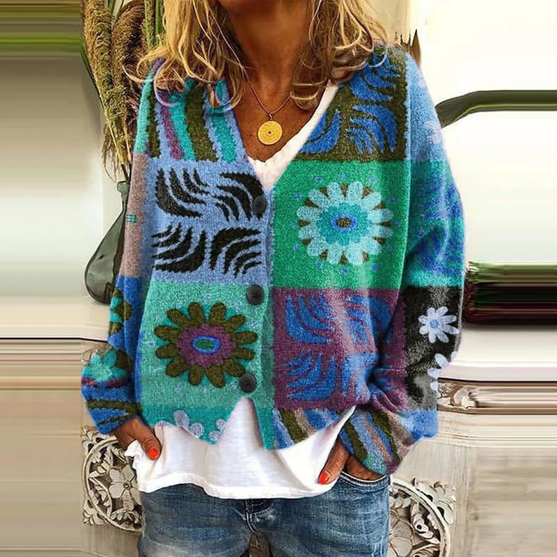 Women’s Cardigan – Relaxed Fit Knit – Patchwork Floral Detail – Button Front
