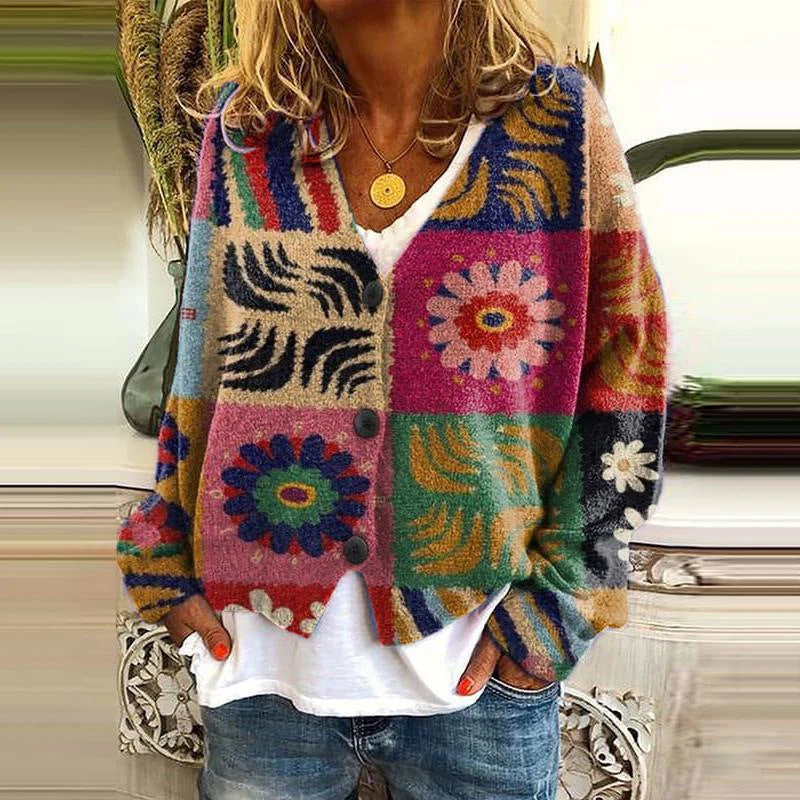 Women’s Cardigan – Relaxed Fit Knit – Patchwork Floral Detail – Button Front