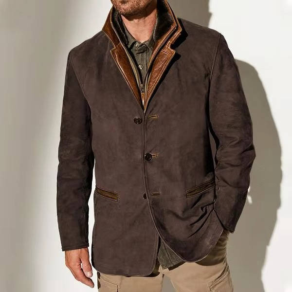 Men's Suede Blazer Jacket by TrendAura Olive Brown Suede with Leather Trim Dressy Casual Coat